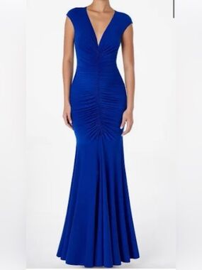 nwt! royal blue mermaid gown ruched formal dress v neck evening maxi size large